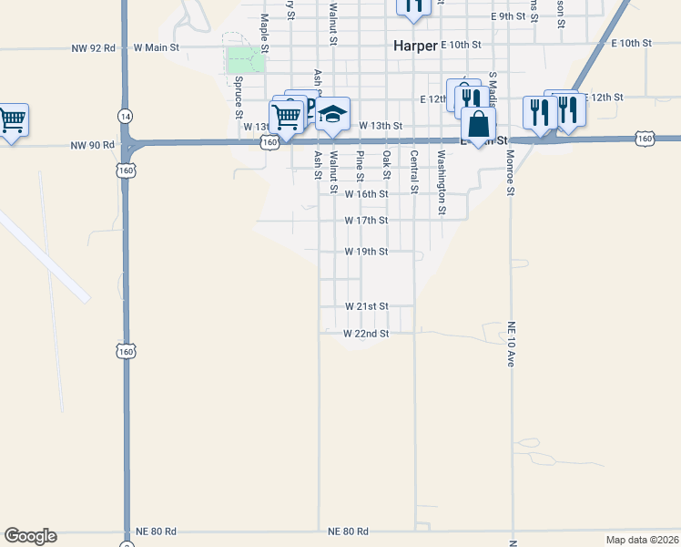 map of restaurants, bars, coffee shops, grocery stores, and more near 350-398 West College in Harper