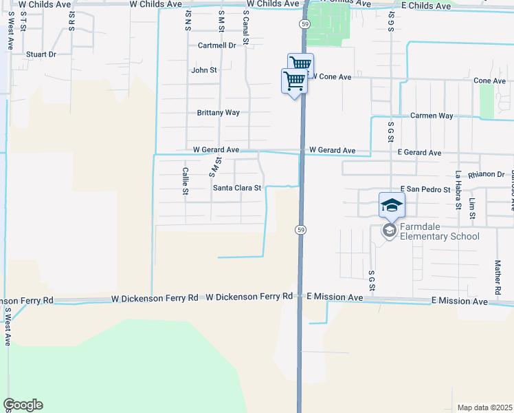 map of restaurants, bars, coffee shops, grocery stores, and more near 520 St Theresa Ct in Merced