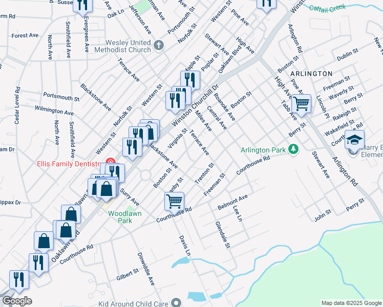 map of restaurants, bars, coffee shops, grocery stores, and more near 1201 Edgewood Boulevard in Hopewell