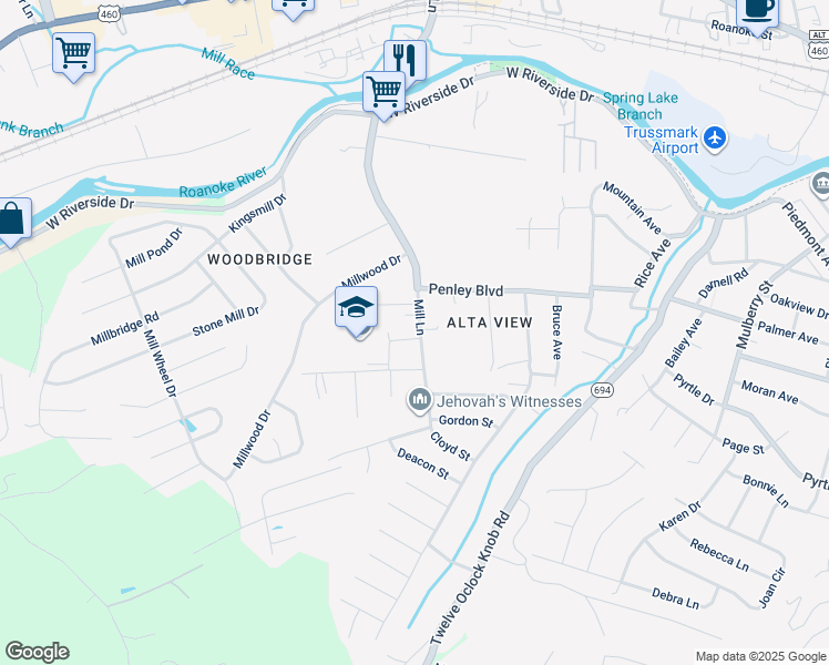 map of restaurants, bars, coffee shops, grocery stores, and more near 2147 Mill Lane in Salem