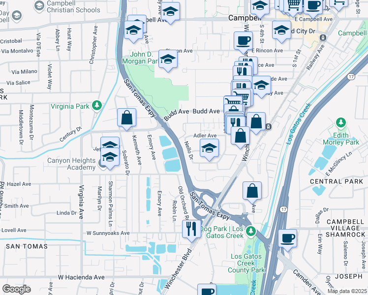 map of restaurants, bars, coffee shops, grocery stores, and more near 611 Nello Drive in Campbell