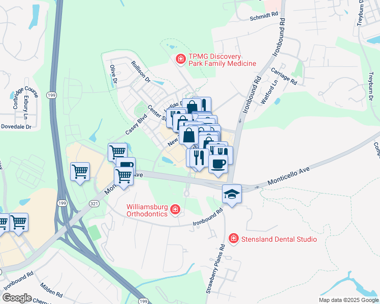 map of restaurants, bars, coffee shops, grocery stores, and more near 4811 Courthouse Street in Williamsburg
