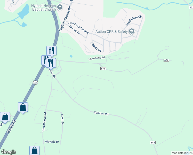 map of restaurants, bars, coffee shops, grocery stores, and more near 341 Barringer Drive in Rustburg