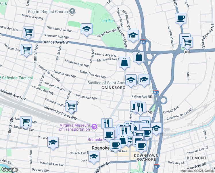 map of restaurants, bars, coffee shops, grocery stores, and more near 222 Harrison Avenue Northwest in Roanoke