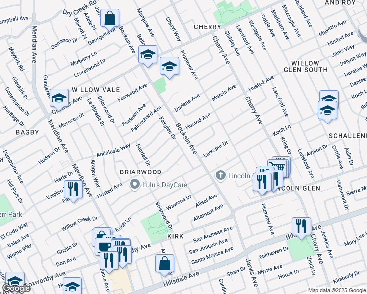 map of restaurants, bars, coffee shops, grocery stores, and more near 2544 Fairglen Drive in San Jose