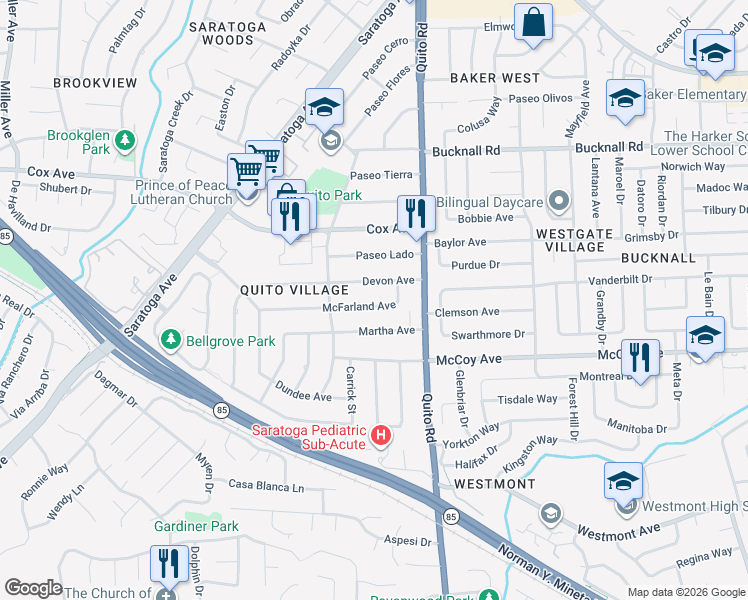 map of restaurants, bars, coffee shops, grocery stores, and more near 18629 McFarland Avenue in Saratoga