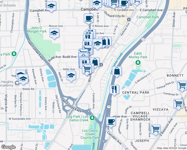 map of restaurants, bars, coffee shops, grocery stores, and more near 738 Camden Avenue in Campbell