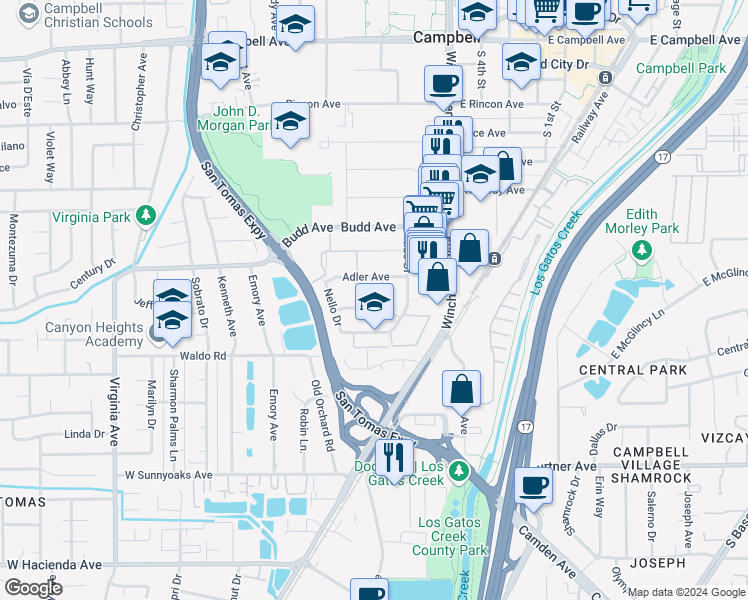 map of restaurants, bars, coffee shops, grocery stores, and more near 185 Echo Avenue in Campbell