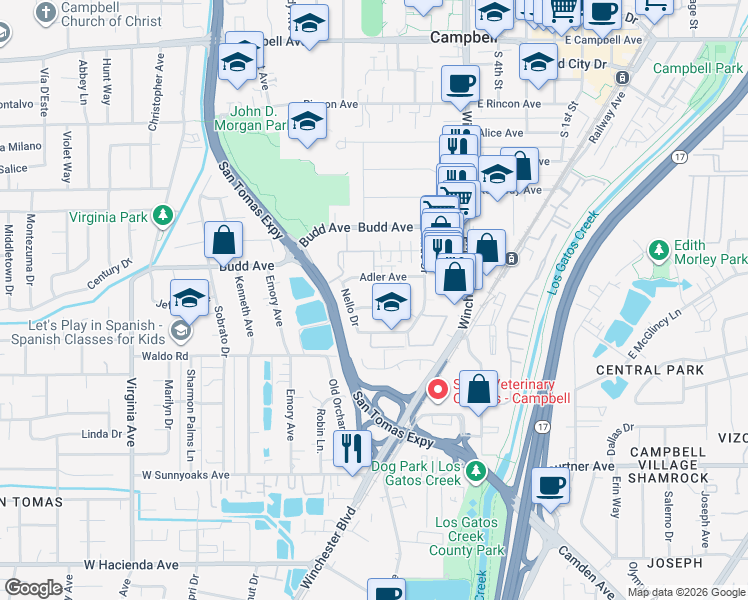 map of restaurants, bars, coffee shops, grocery stores, and more near 601 Nello Drive in Campbell