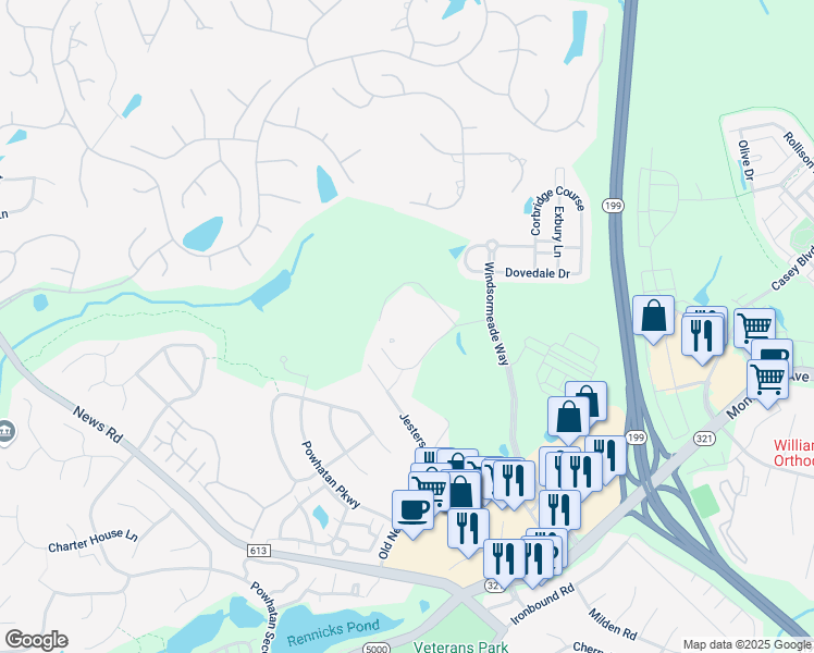 map of restaurants, bars, coffee shops, grocery stores, and more near Windsor Hall Drive in Williamsburg