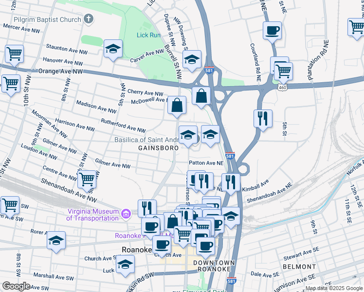 map of restaurants, bars, coffee shops, grocery stores, and more near 650 North Jefferson Street in Roanoke