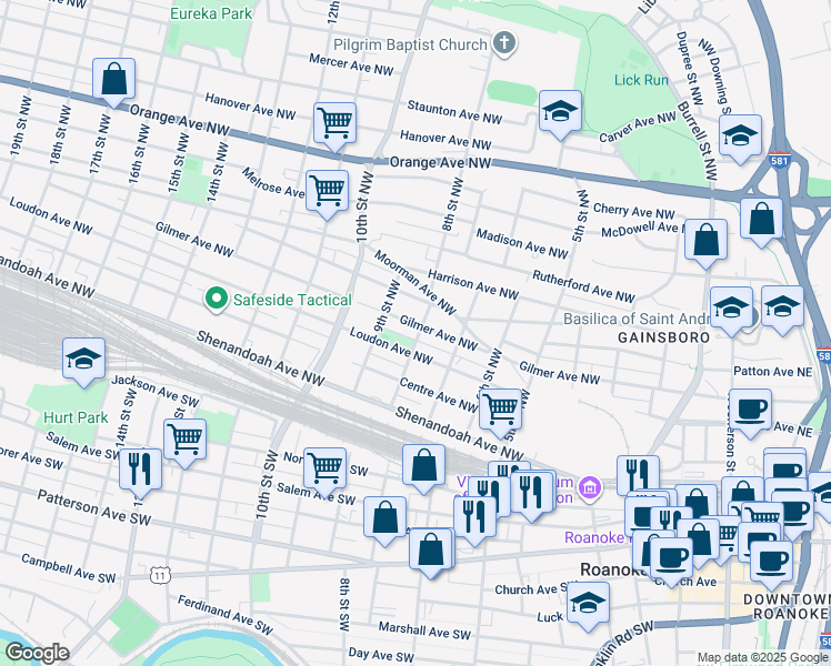 map of restaurants, bars, coffee shops, grocery stores, and more near 802 Gilmer Avenue Northwest in Roanoke