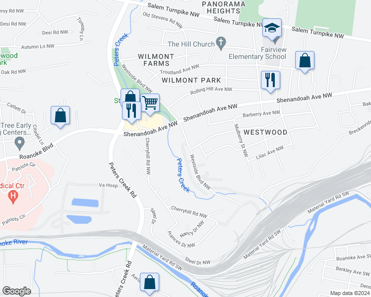 map of restaurants, bars, coffee shops, grocery stores, and more near 410 Westside Boulevard Northwest in Roanoke