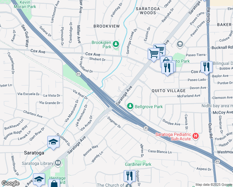 map of restaurants, bars, coffee shops, grocery stores, and more near 19113 Vineyard Lane in Saratoga