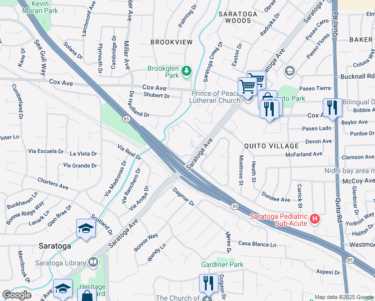 map of restaurants, bars, coffee shops, grocery stores, and more near 19113 Vineyard Lane in Saratoga