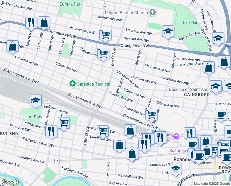 map of restaurants, bars, coffee shops, grocery stores, and more near 901 Loudon Avenue Northwest in Roanoke