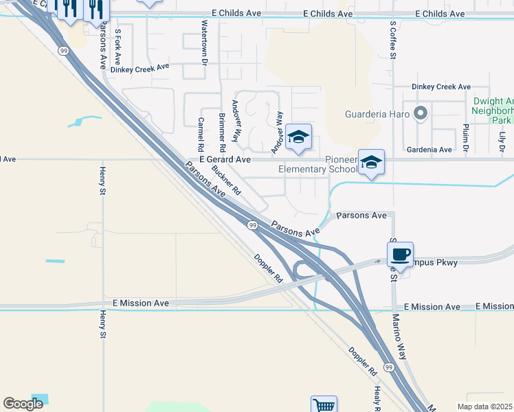 map of restaurants, bars, coffee shops, grocery stores, and more near 664 Buckner Road in Merced