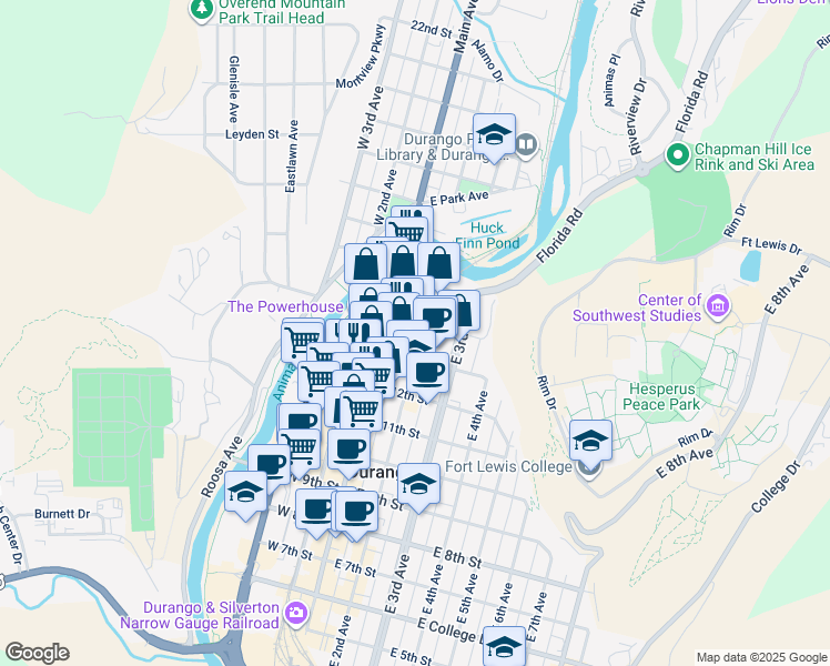 map of restaurants, bars, coffee shops, grocery stores, and more near 1316 Main Avenue in Durango