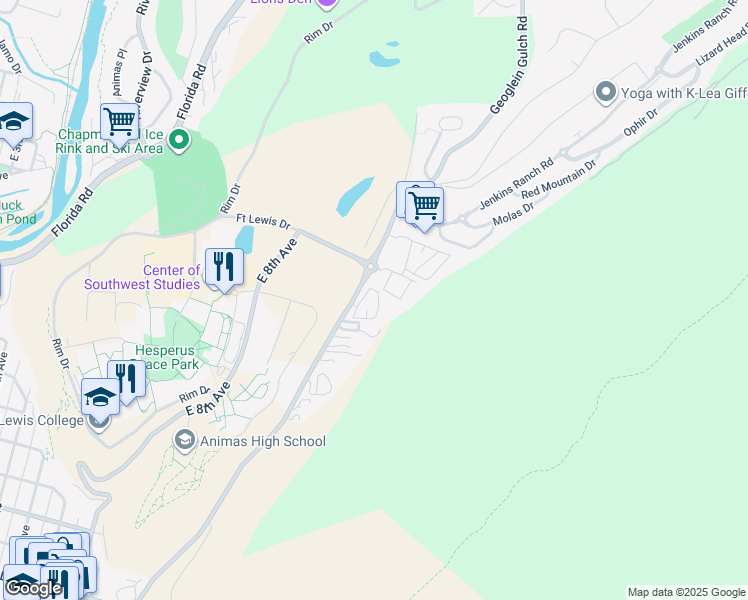map of restaurants, bars, coffee shops, grocery stores, and more near 6 Ferringway Circle in Durango