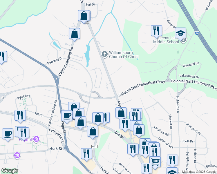 map of restaurants, bars, coffee shops, grocery stores, and more near 376 Merrimac Trail in Williamsburg
