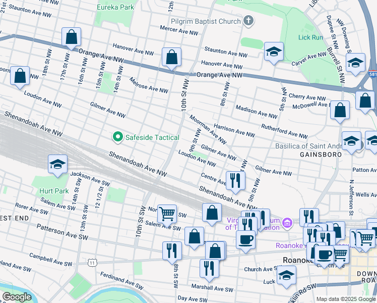 map of restaurants, bars, coffee shops, grocery stores, and more near 901 Loudon Avenue Northwest in Roanoke