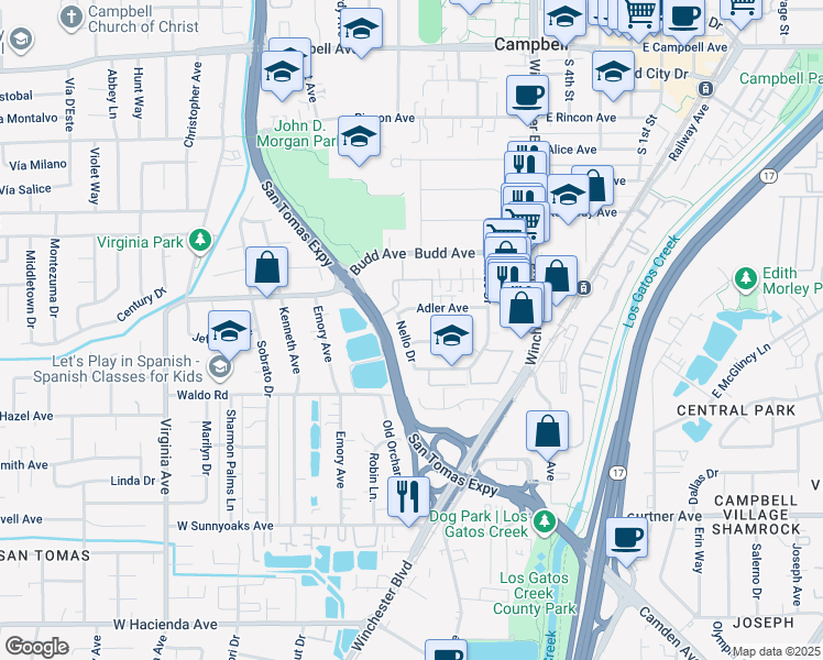 map of restaurants, bars, coffee shops, grocery stores, and more near 620 Nello Drive in Campbell
