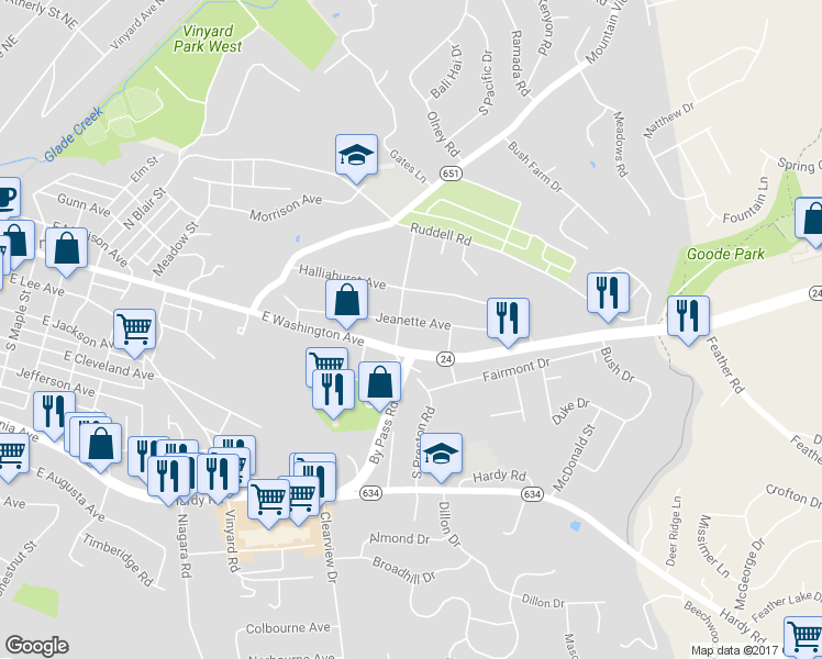 map of restaurants, bars, coffee shops, grocery stores, and more near 1105 Jeanette Avenue in Vinton
