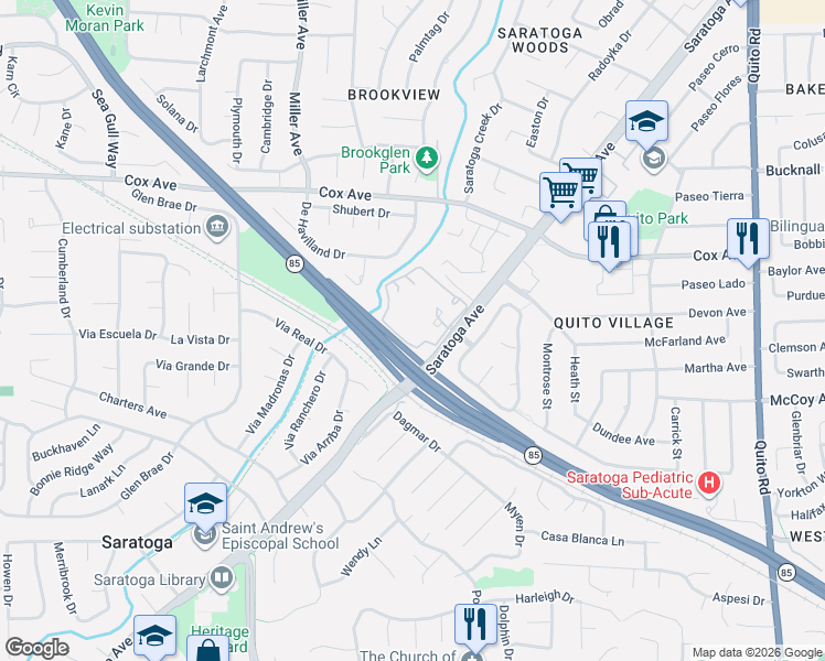 map of restaurants, bars, coffee shops, grocery stores, and more near 19224 Vineyard Lane in Saratoga