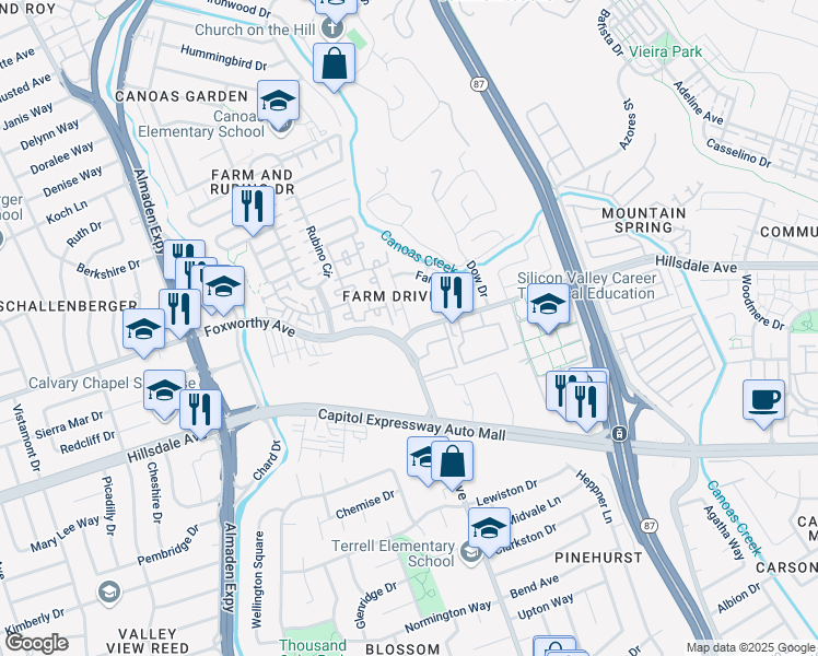 map of restaurants, bars, coffee shops, grocery stores, and more near 3195 Pearl Avenue in San Jose