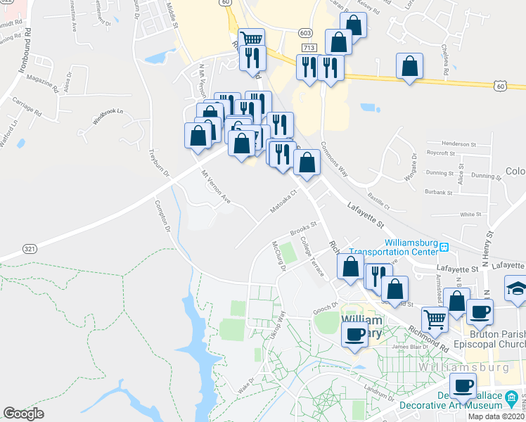 map of restaurants, bars, coffee shops, grocery stores, and more near 121 Matoaka Court in Williamsburg