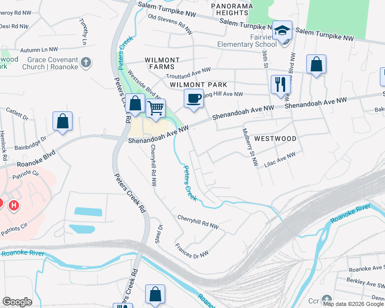 map of restaurants, bars, coffee shops, grocery stores, and more near 410 Westside Boulevard Northwest in Roanoke