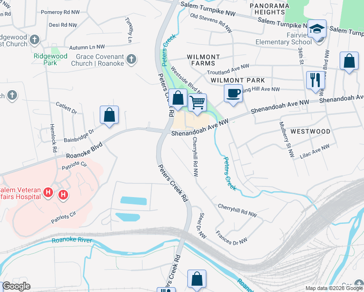 map of restaurants, bars, coffee shops, grocery stores, and more near 461 Frances Drive Northwest in Roanoke