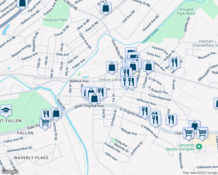 map of restaurants, bars, coffee shops, grocery stores, and more near 110 West Cleveland Avenue in Vinton