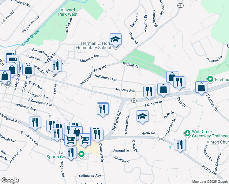map of restaurants, bars, coffee shops, grocery stores, and more near 1036 East Washington Avenue in Vinton