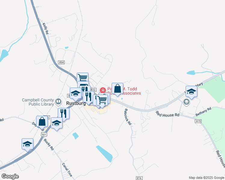 map of restaurants, bars, coffee shops, grocery stores, and more near 72 Gold Dust Trail in Rustburg
