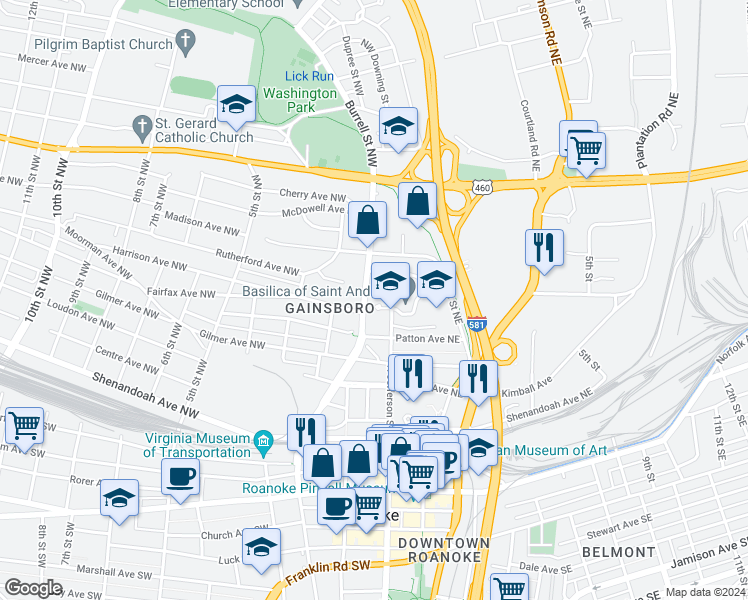 map of restaurants, bars, coffee shops, grocery stores, and more near 650 North Jefferson Street in Roanoke
