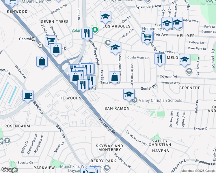 map of restaurants, bars, coffee shops, grocery stores, and more near 234 Senter Road in San Jose