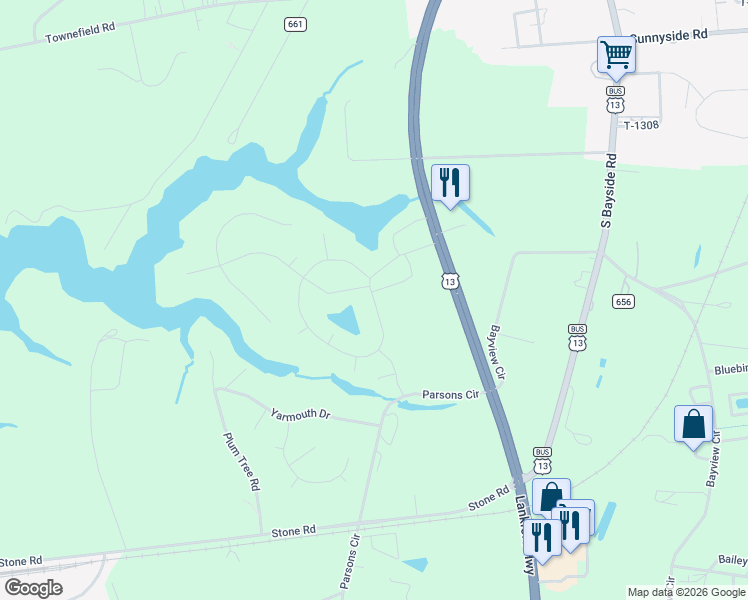 map of restaurants, bars, coffee shops, grocery stores, and more near Kings Creek Parkway in Cape Charles