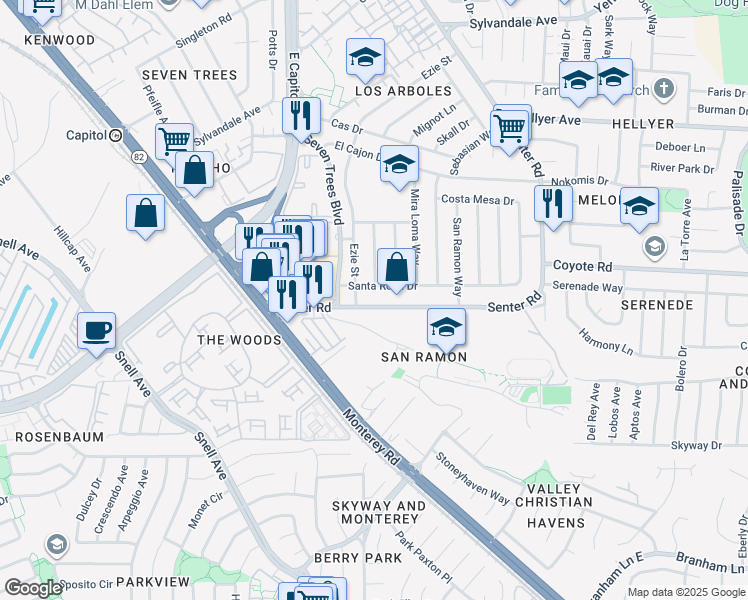 map of restaurants, bars, coffee shops, grocery stores, and more near 149 Senter Road in San Jose