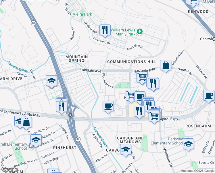 map of restaurants, bars, coffee shops, grocery stores, and more near 3267 Woodmere Drive in San Jose
