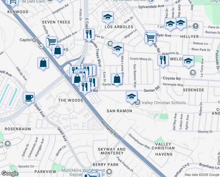 map of restaurants, bars, coffee shops, grocery stores, and more near 149 Senter Road in San Jose