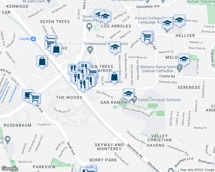 map of restaurants, bars, coffee shops, grocery stores, and more near 149 Senter Road in San Jose