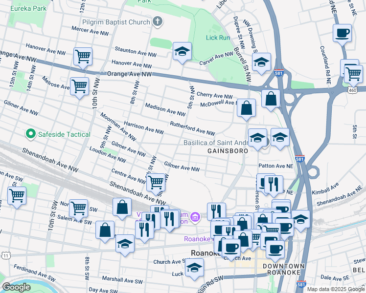 map of restaurants, bars, coffee shops, grocery stores, and more near 418 Fairfax Avenue Northwest in Roanoke
