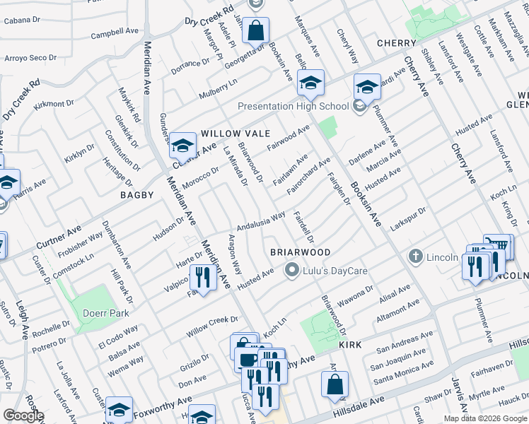 map of restaurants, bars, coffee shops, grocery stores, and more near 2560 La Mirada Drive in San Jose