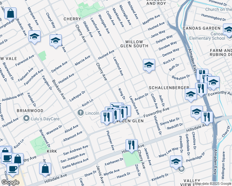 map of restaurants, bars, coffee shops, grocery stores, and more near 2620 Thrasher Lane in San Jose