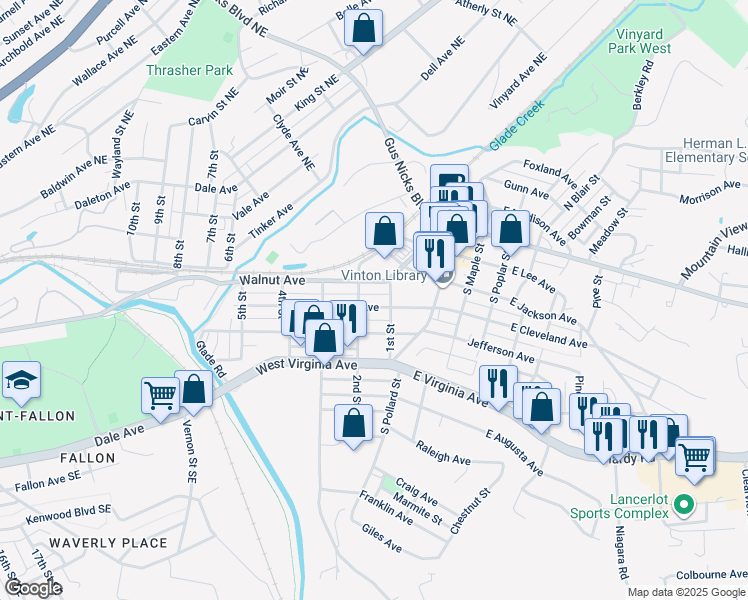 map of restaurants, bars, coffee shops, grocery stores, and more near 110 West Cleveland Avenue in Vinton