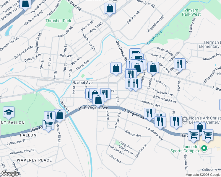map of restaurants, bars, coffee shops, grocery stores, and more near 111 West Cleveland Avenue in Vinton