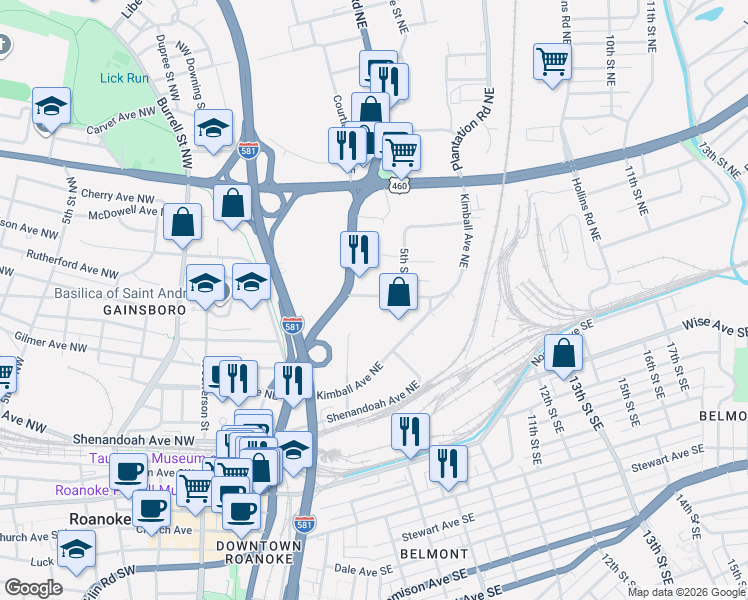map of restaurants, bars, coffee shops, grocery stores, and more near in Roanoke