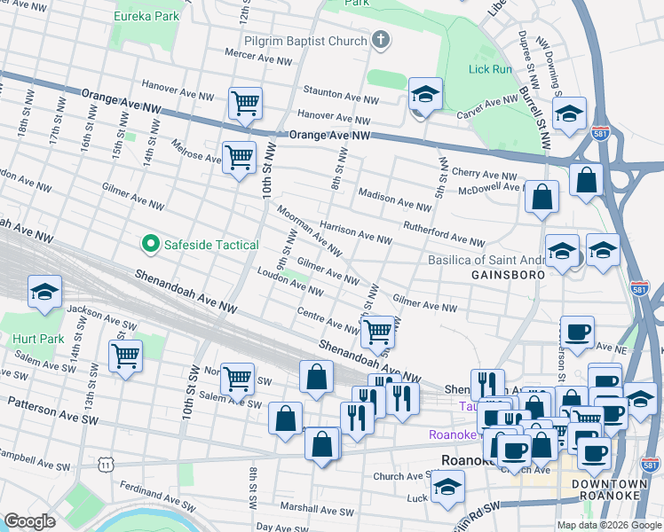 map of restaurants, bars, coffee shops, grocery stores, and more near 712 Gilmer Avenue Northwest in Roanoke