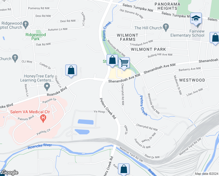 map of restaurants, bars, coffee shops, grocery stores, and more near 461 Frances Drive Northwest in Roanoke
